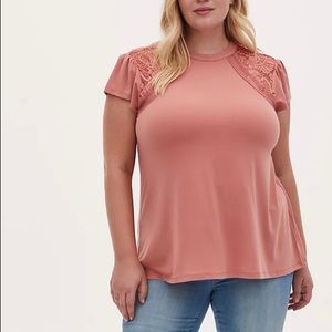 Torrid Dusty Coral Crepe Lace Inset Cap Blouse (Size 2X)